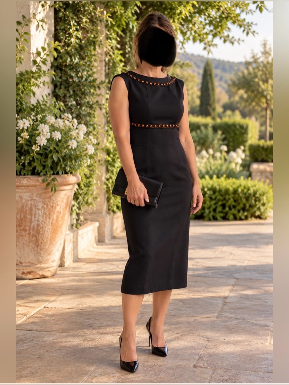 Boden Black Sleeveless Midi Sheath Dress with Gold Stud Trim